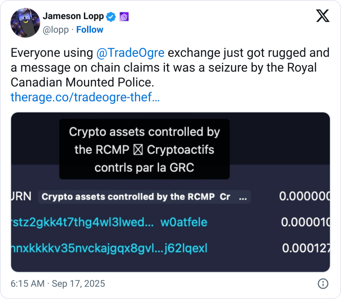 加拿大查封TradeOgre被指盗窃用户资产，引发无辜投资者强烈抗议