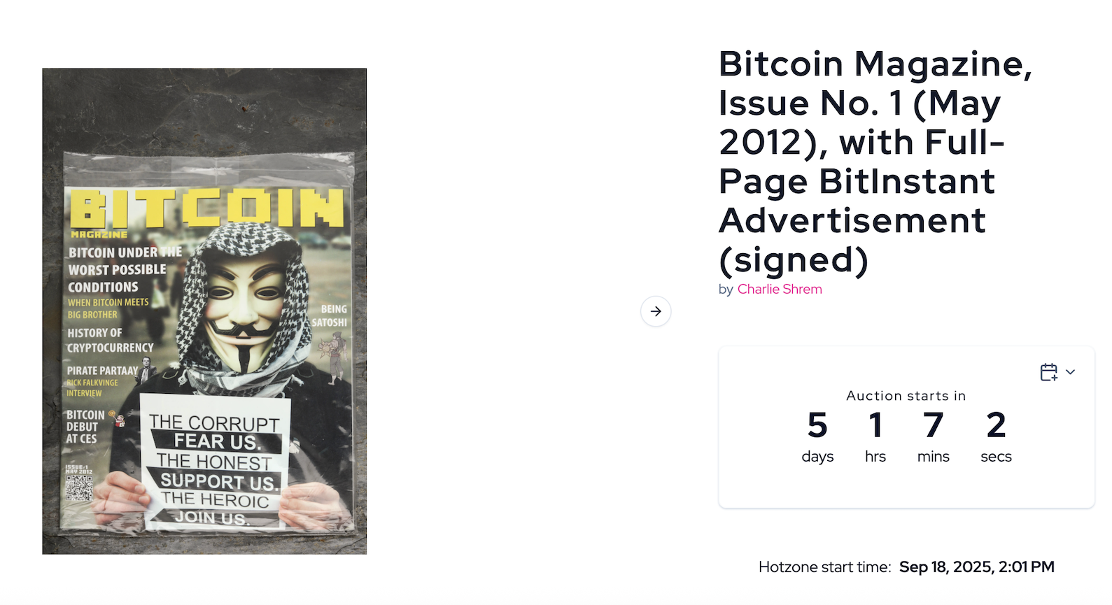 Charlie Shrem拍卖的Bitcoin Magazine创刊号