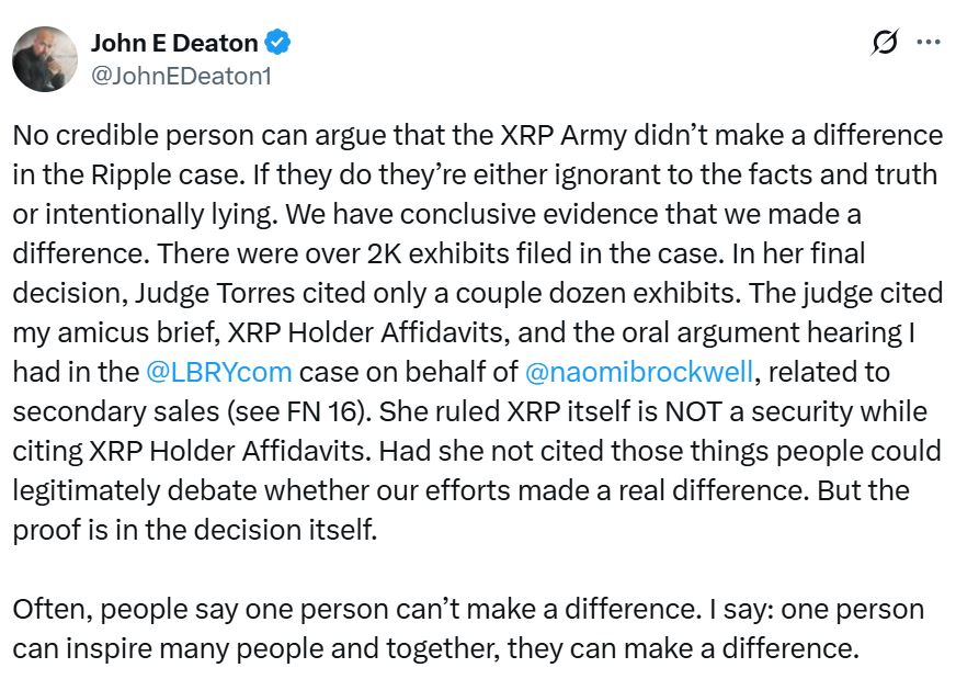 John Deaton关于XRP社区作用的声明