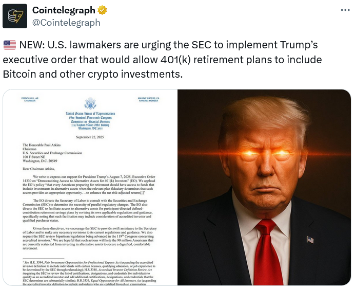 美国立法者敦促SEC落实特朗普加密货币纳入401(k)退休基金的行政命令