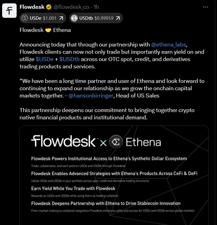 USDe 规模突破140亿美元：Ethena与Flowdesk战略合作推动合成美元激增