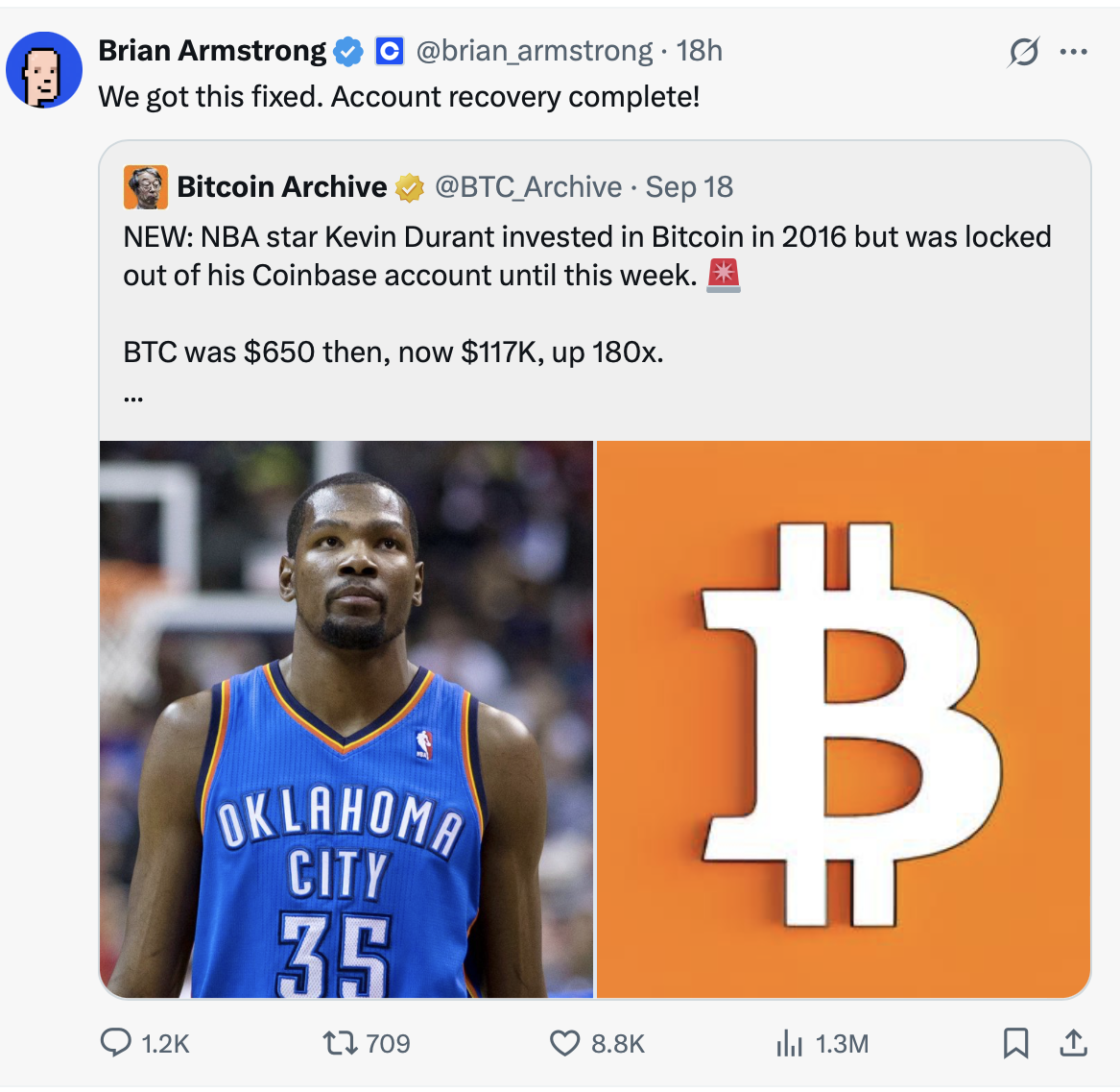 NBA球星凯文·杜兰特时隔10年成功找回Coinbase账户，加密货币安全引关注