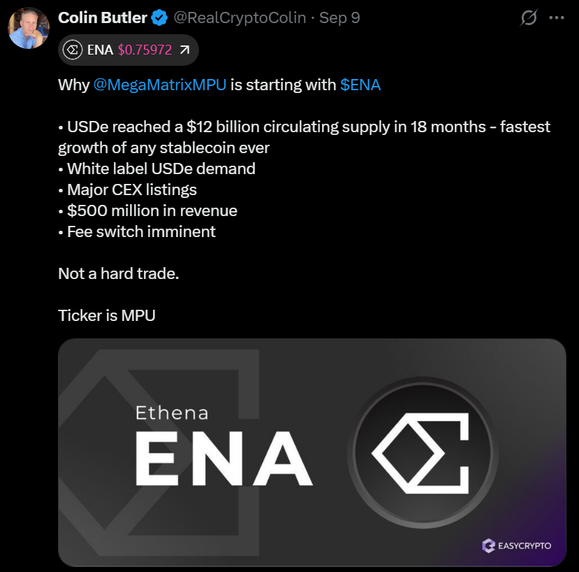 Mega Matrix加倍投资ENA生态：Ethena相比Circle或具6倍上涨潜力
