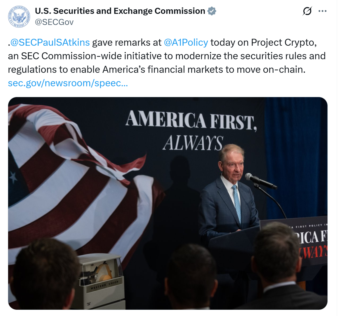 SEC主席Paul Atkins阐述加密货币监管新政策