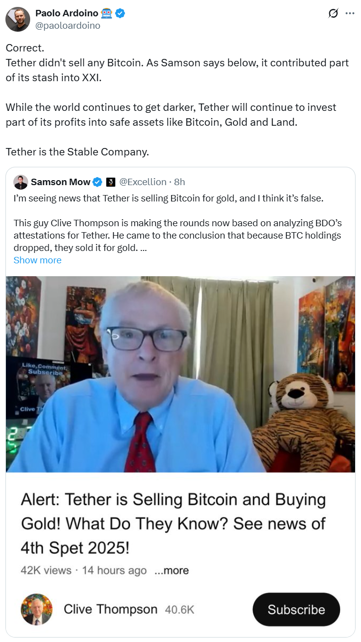 泰达公司（Tether）否认抛售比特币传闻，重申持续投资BTC、黄金与土地战略
