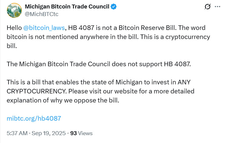 密歇根州比特币贸易委员会反对HB 4087法案