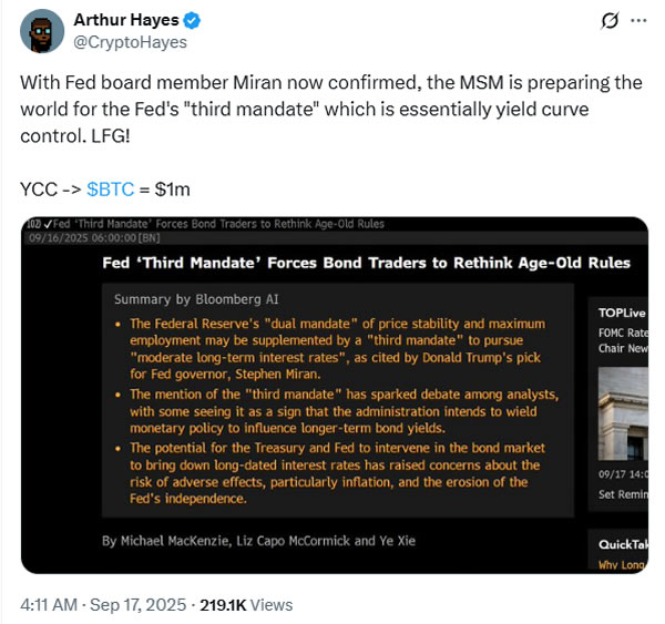 Arthur Hayes比特币价格预测图表