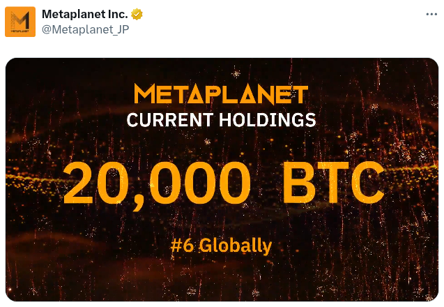 Metaplanet比特币持仓突破2万枚BTC，同步发行1150万股新股