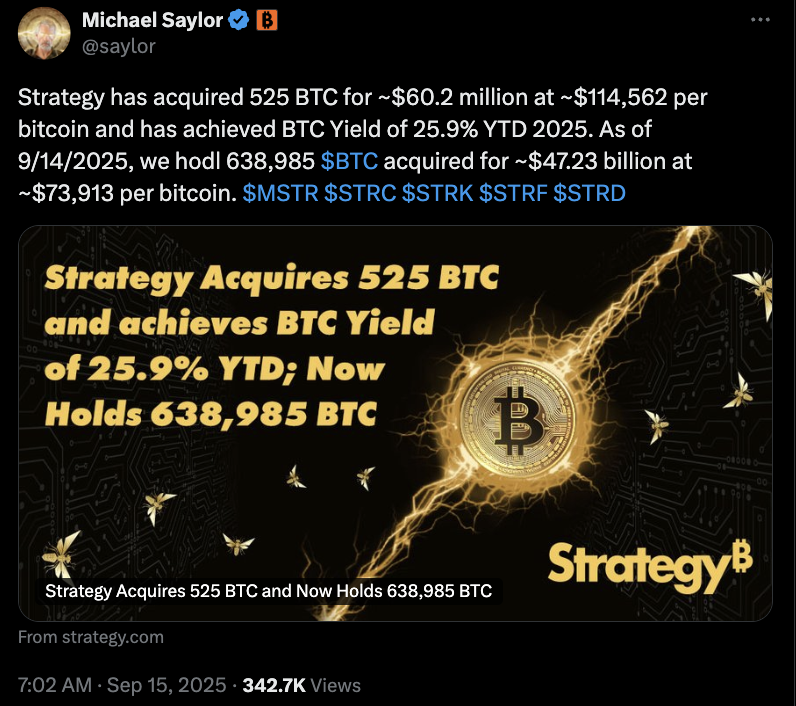 Strategy比特币持仓突破638,985枚BTC，总价值超730亿美元