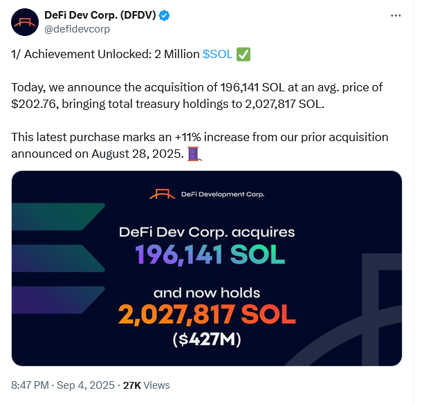 DeFi Development Corp SOL持仓增长
