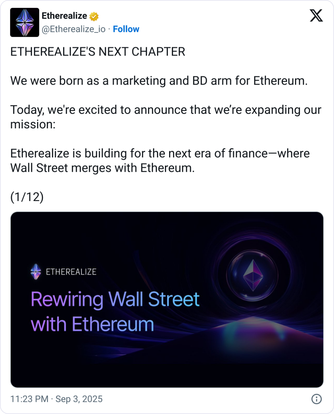 以太坊营销公司Etherealize获4000万美元融资，本周多家企业追加12亿美元ETH投资