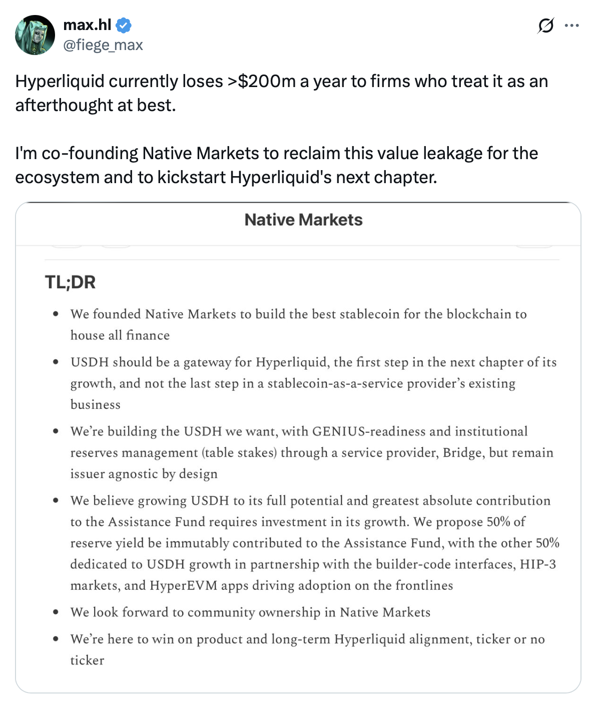 Ethena退出Hyperliquid USDH稳定币竞标，为Native Markets铺平道路