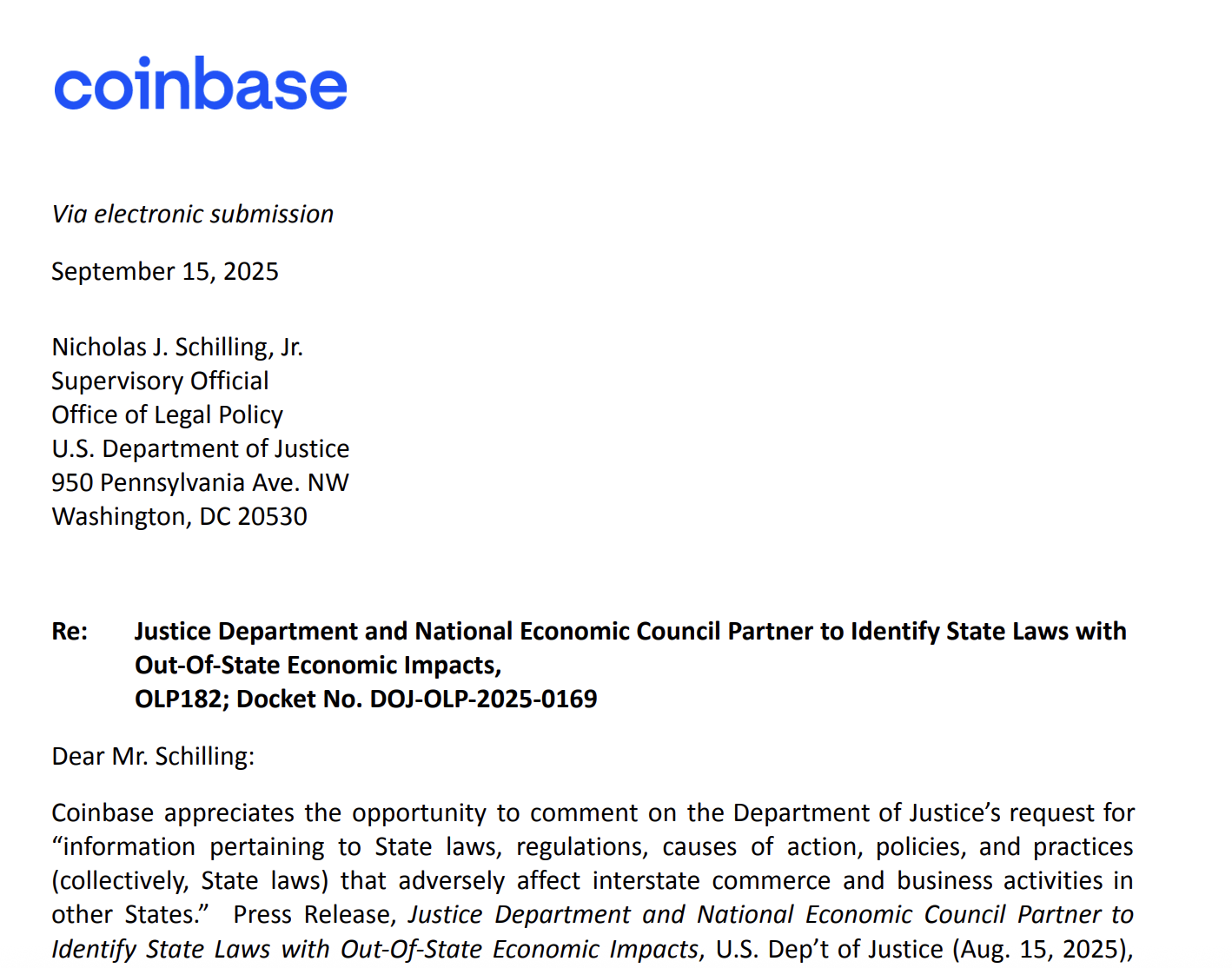 Coinbase呼吁美国司法部干预州执法案件：加密行业监管新动态