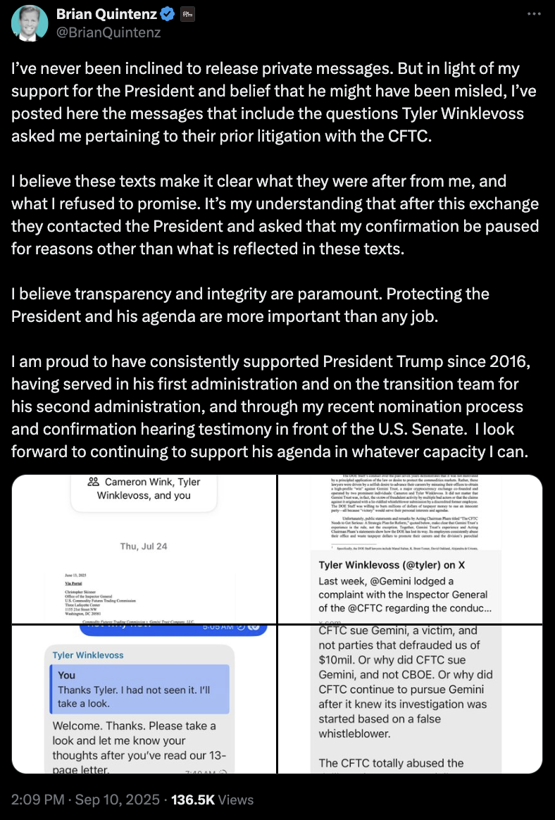 Brian Quintenz与Winklevoss短信截图