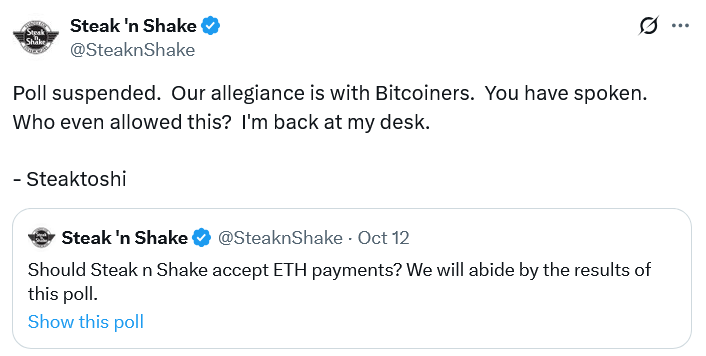 Steak 'n Shake加密货币支付决策
