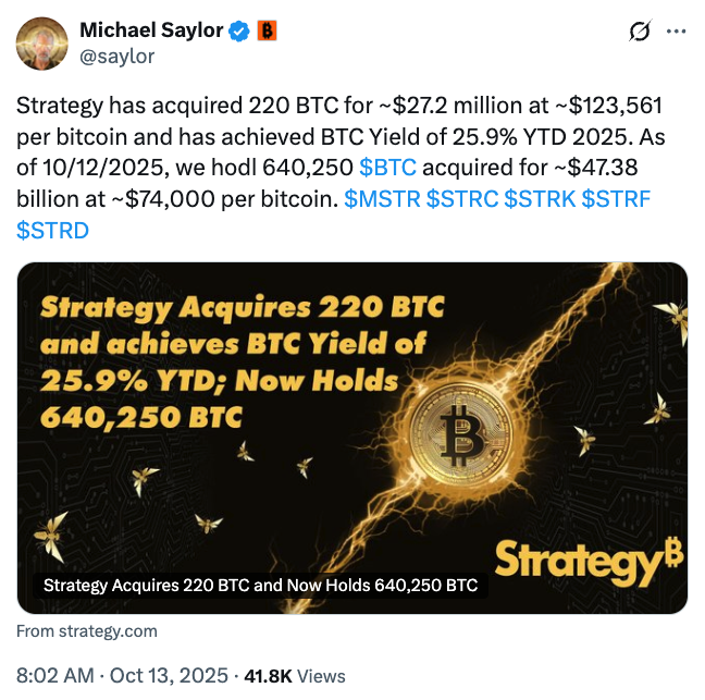 Strategy以2720万美元购入220枚比特币，首次比特币投资于10月启动