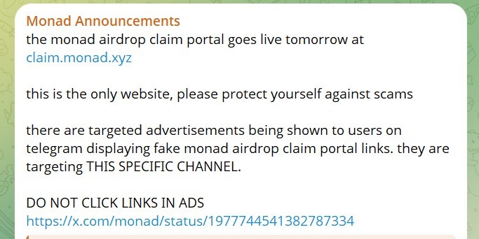 Monad团队警告用户不要点击广告链接